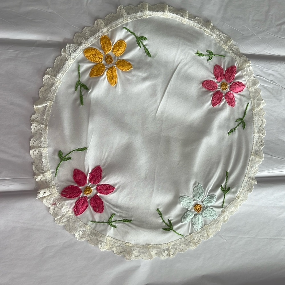 Vintage dolly round with flowers pink yellow blue dark pink green stems